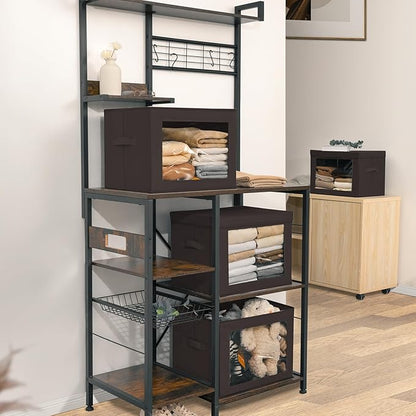 Homsorout Stackable Storage Bins with Lids - Large Storage Box with Lids, Foldable Closet Boxes for Organizing, Wardrobe Clothes Organizer with Window, Cubes Bins for Living Room, 6 Pack, Brown