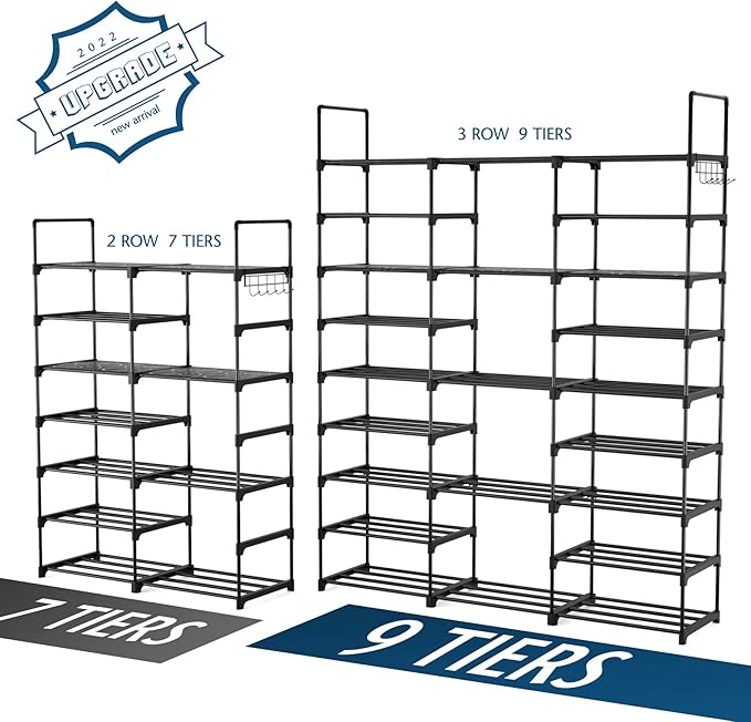 9 Tier Shoe Rack Shoe Storage Organizer Large Shoe Shelf for Entryway with Side Hooks, 50-55 Pairs Metal Shoe Racks Shoe and Boots Shelf for Closet