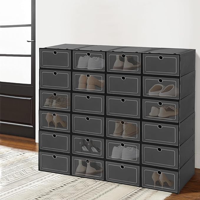 24Pcs Stackable Shoe Storage Boxes with Clear Doors - Foldable Shoe Organizer for Closet Cabinet, Black/White/Green Options for Sneakers Boots Home Organization (Black)