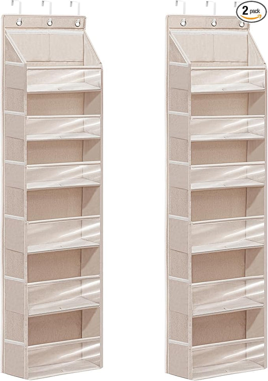 Over Door Organizer with 6 Extra Large Pockets and 12 Side Pockets, Large Capacity Hanging Storage Organizer with Clear Window for Shoes, Diapers, Beige, 6 Layers, 2-Pack