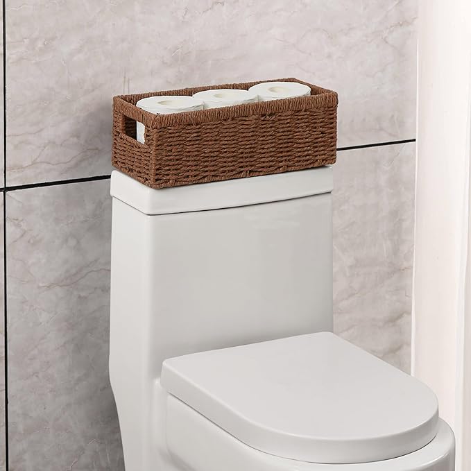 Vagusicc Wicker Storage Basket, Paper Rope Wicker Baskets with Handles, Toilet Paper Basket for Toilet Tank Top, Small Wicke Baskets for Organizing Shelves, 2-Pack, Brown
