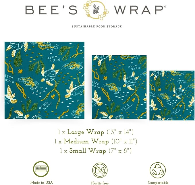 Bee's Wrap Beeswax Wraps for Food - 3 Pack of Assorted Beeswax Wraps - Small, Medium & Large Wrap - Plastic Free Made in USA Reusable Natural Food Wrap - Ocean Print