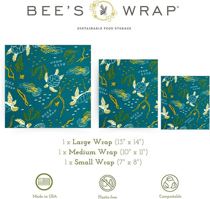 Bee's Wrap Beeswax Wraps for Food - 3 Pack of Assorted Beeswax Wraps - Small, Medium & Large Wrap - Plastic Free Made in USA Reusable Natural Food Wrap - Ocean Print