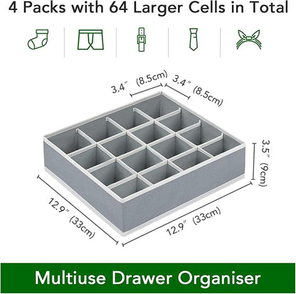 Joyoldelf Sock Drawer Organizer Divider Underwear Organizer 16-cell Fabric Dresser Drawer Organizers Storage Boxes for Socks Lingerie, Handkerchiefs, Ties 4 Pack (Grey)