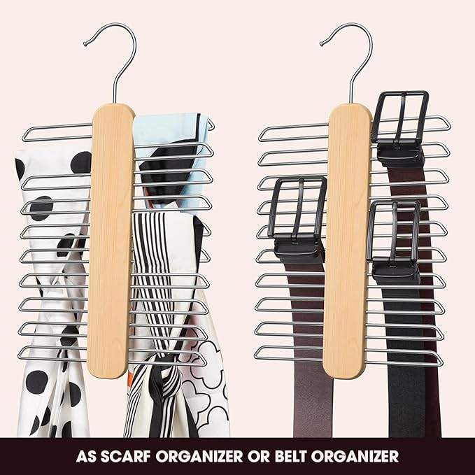 Tie Hanger 2 Pack,Tie Organizer for Closet 20 Storage Capacity,Wooden Necktie Organizer Tie Storage,360 Degree Rotating Accessory Organizers for Tie,Belt,Scarf