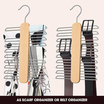 Tie Hanger 2 Pack,Tie Organizer for Closet 20 Storage Capacity,Wooden Necktie Organizer Tie Storage,360 Degree Rotating Accessory Organizers for Tie,Belt,Scarf
