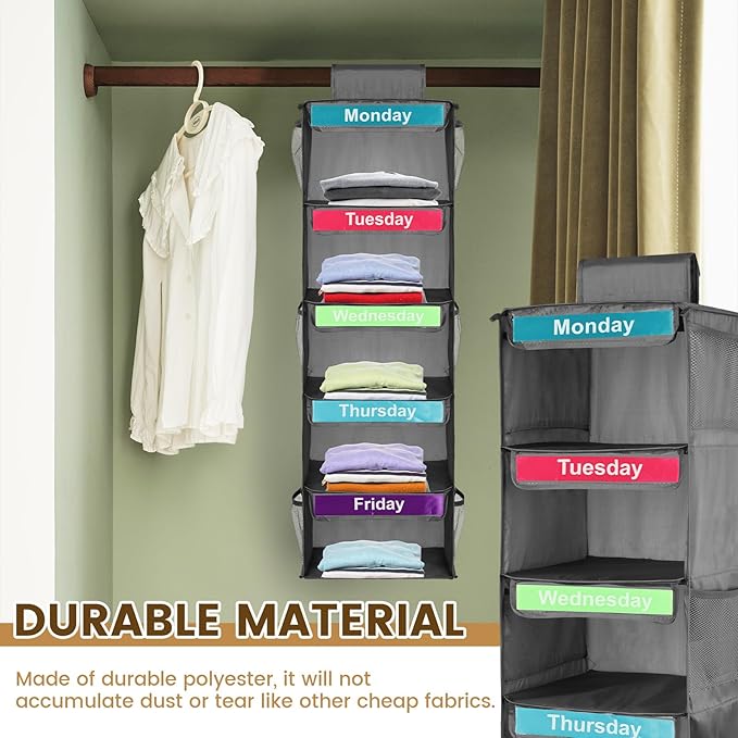 Weekly Clothes Organizer for Kids, 5-Shelf Hanging Closet Organizer with Visual Label, Multipurpose Polyester Clothes Organizer, Monday to Friday Weekly Clothing Organizer for Hats T-Shirts (Gray)