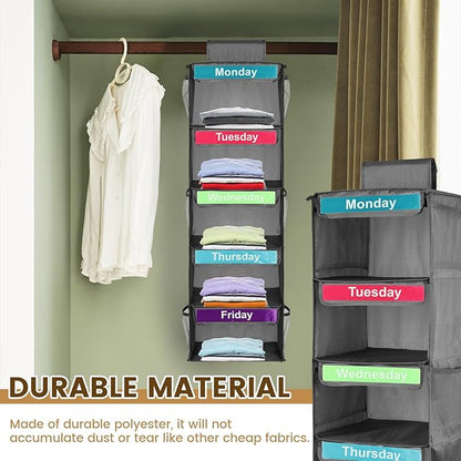 Weekly Clothes Organizer for Kids, 5-Shelf Hanging Closet Organizer with Visual Label, Multipurpose Polyester Clothes Organizer, Monday to Friday Weekly Clothing Organizer for Hats T-Shirts (Gray)