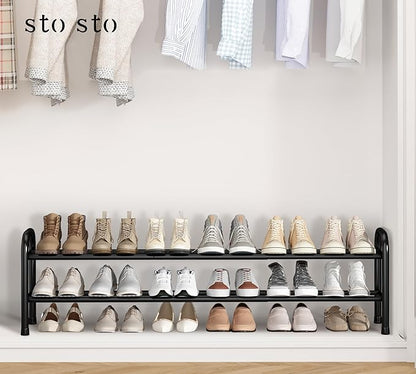 STO STO Long Expandable Shoe Rack 2-Tier, Adjustable Length 33.7”–47.5” Shoe Organizer, Metal Shoes Storage Shelf, Holds Up to 18 Pairs, Non-Slip Feet, for Closet, Entryway, Hallway, Front Door, Black