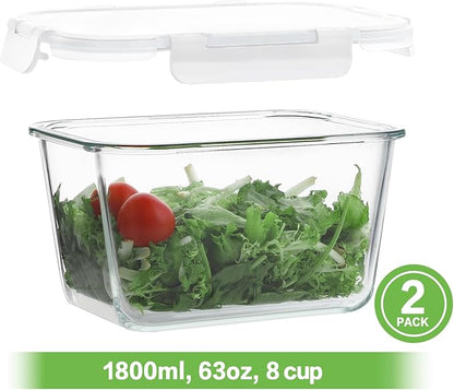 HOMBERKING 4 Pieces 63oz/8cup Large Glass Food Storage Containers with Lids, Meal Prep Containers, Airtight Bento Boxes with Leak Proof Locking (2 Containers 2 Lids), Microwave,Oven,Fridge Safe-White