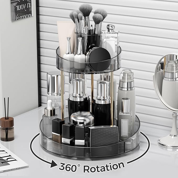 2 tier Makeup Organizer Countertop,360 Rotating Makeup Organizer for Skincare, Lipstick and Perfumes,Multi-function Cosmetic Display Cases for Vanity,Bathroom,Grey