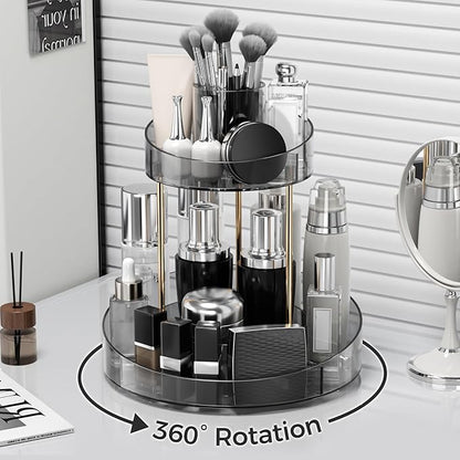 2 tier Makeup Organizer Countertop,360 Rotating Makeup Organizer for Skincare, Lipstick and Perfumes,Multi-function Cosmetic Display Cases for Vanity,Bathroom,Grey