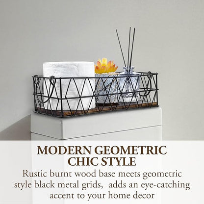 MyGift 2 Piece Wall Mounted Black Geometric Metal Nesting Storage Basket with Rustic Solid Burnt Wood Base, Small Tabletop Decorative Metal Wire Bins with Handles