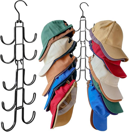 Hat Hangers for Closet, Hat Organizer for Baseball Caps, Stainless Steel Hat Rack with 10 Hooks for Caps Storage and Closet Organization (Black)