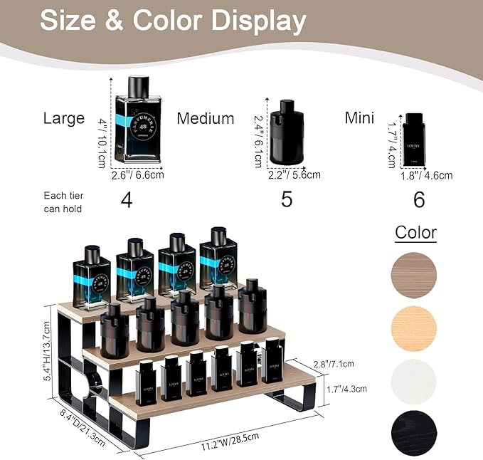 Perfume Organizer for Men,Cologne Organizer for Dresser,3 Tier Bathroom Organizer,Makeup Organizers,Wooden Display Riser Stand for Vanity,Bedroom,Dressing(Walnut-Width=11.2")