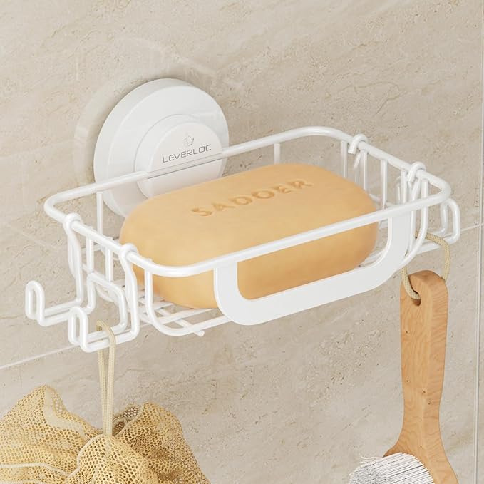 LEVERLOC Soap Holder Dish with Hooks for Shower, Bar Suction Cup Soap Tray Wall Mounted, Rustproof Stainless Steel Sponge Holder Caddy for Bathroom Bathtub Kitchen Sink, White