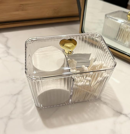 Qtips Holder Bathroom Container, 3-Section Bathroom Organizer Dispenser ,3 Grids Cotton Ball/Swab/Pad Holder ,Jar Organizer Cosmetics Storage for Vanity Clear