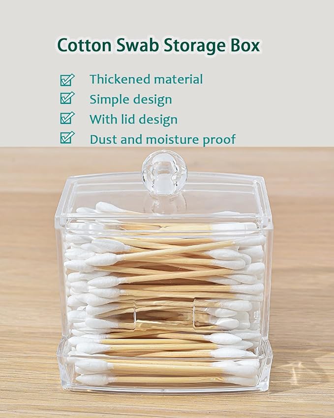 Cotton Swab Holder with Lid - Clear Plastic Bathroom Vanity Organizer, Shatterproof U-Slot Cotton Swab Dispenser Canister, Dustproof Countertop Container for Cotton Swabs & Apothecary Storage