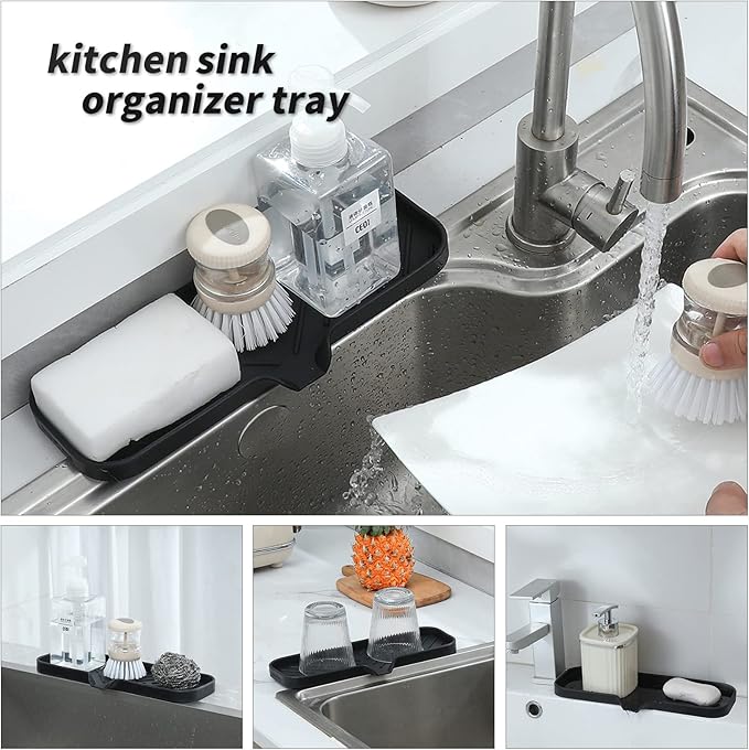 MicoYang Silicone Bathroom Soap Dishes with Drain Spout-Bathroom and Kitchen Sink Organizer,Sponge Holder,Dish Soap Tray,Perfect for Dispenser,Scrubber,Bottle,Cup on Sink or Counter-Black 12"×4"