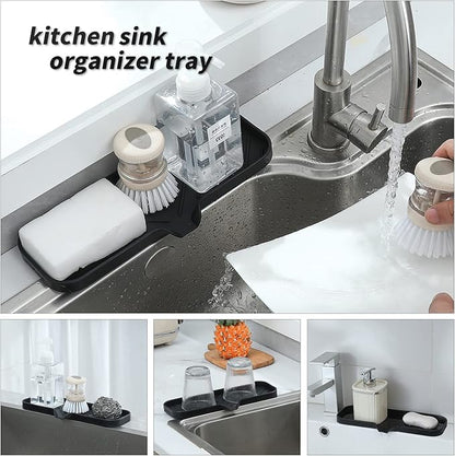 MicoYang Silicone Bathroom Soap Dishes with Drain Spout-Bathroom and Kitchen Sink Organizer,Sponge Holder,Dish Soap Tray,Perfect for Dispenser,Scrubber,Bottle,Cup on Sink or Counter-Black 12"×4"