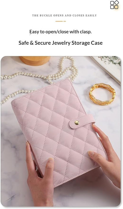 Jewelry Book Organizer - Leather Travel Jewelry Case with 5 Detachable Pages for Necklaces, Rings, Earrings, Tangle-Free, Giftable (Pink jewelry bag (including a five-page cloth bag))