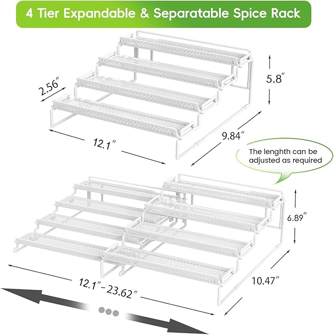 4 Tier Spice Rack Organizer for Cabinet, White (2 PCS S&L) Seasoning Organizer Rack for Inside Cabinets, Countertop, Pantry Storage