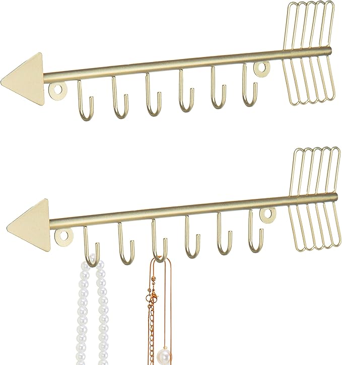 MyGift Brass-Tone Metal Wall Mounted Arrow Design Necklace Organizer Rack with 6 Hooks, Set of 2
