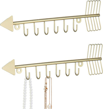 MyGift Brass-Tone Metal Wall Mounted Arrow Design Necklace Organizer Rack with 6 Hooks, Set of 2