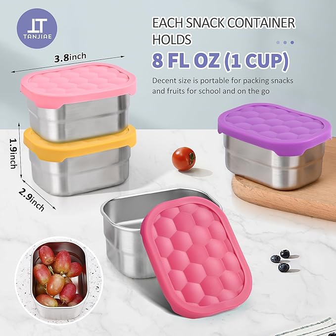 Tanjiae 4Pack Small (1 CUP) 8oz Stainless Steel Snack Containers for Kids | Reusable Easy Open Toddler Snack Containers with Silicone Lids | Stackable Toddler Lunch Box for Daycare, School and Travel