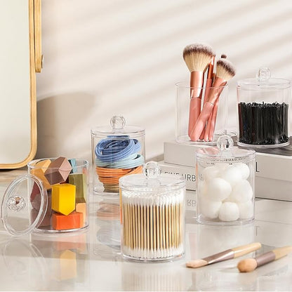 4 Pack Qtip Holder - Restroom Bathroom Organizers and Storage Containers,- 10 oz Clear Plastic Apothecary Jars set with Lids for Organizing Cotton Pads, Swabs, Balls, Floss