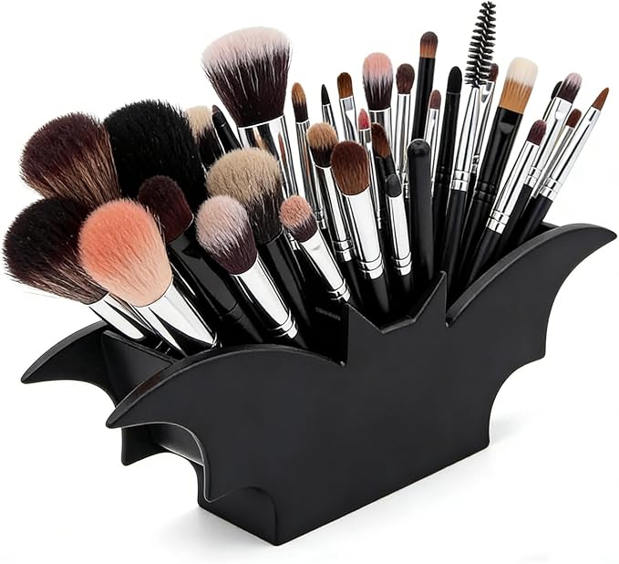 Gothic Makeup Brush Organizer - Wooden Bat Pen Holder Cosmetic Display Case for Vanity Desk Gothic Decor for Bathroom Bedroom Living Room Decoration Unique Gift