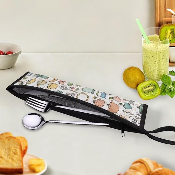 Portable Travel Tableware Box Kitchen Motif Flatware Storage Box Case Travel Utensils Cutlery Case with Bag for Fork Spoon Chopsticks