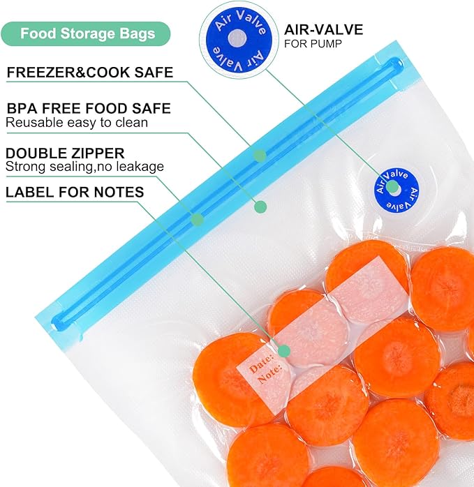 Sous Vide Bags 31 Pcs (24 Pcs Vacuum Zipper Bags & 2 Seal Clips & 5 Air Valves),Reusable BPA Free Vacuum Sealer Bags Vacuum Food Storage Bags for Cooking/Food Storage/Microwave Heating