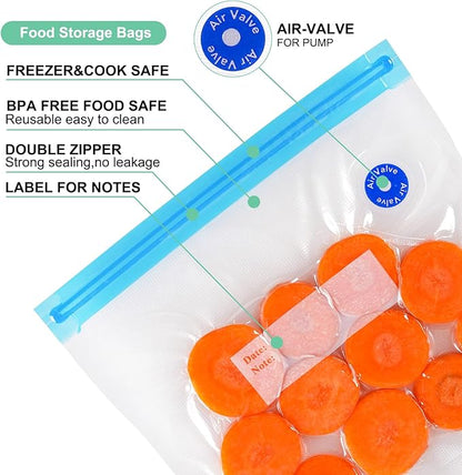 Sous Vide Bags 31 Pcs (24 Pcs Vacuum Zipper Bags & 2 Seal Clips & 5 Air Valves),Reusable BPA Free Vacuum Sealer Bags Vacuum Food Storage Bags for Cooking/Food Storage/Microwave Heating