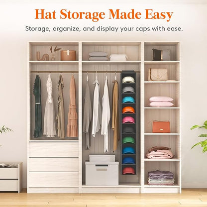 Lifewit Hat Organizer for Baseball Caps, Hat Rack Hanging Storage, Non-Woven Fabric Display Shelf Holds Up to 40 Hats, Cap Holder Hanger for Closet, Bedroom, 10 Compartments, Black, 1 Pack