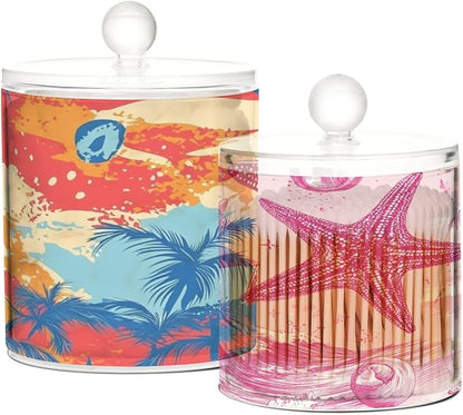 2 Pack Qtip Dispenser Apothecary Jars with Lids Cotton Round Holder Bathroom Canisters for Cotton Swab Floss Ball Pads Clear Plastic Decorative Summer Beach Starfish Waves