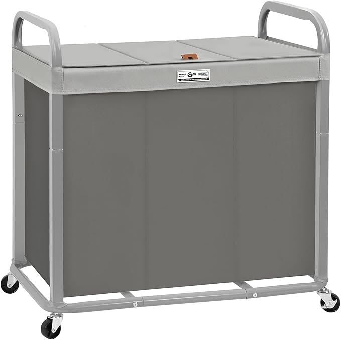 STORAGE MANIAC 3 Section Laundry Sorter, 60 Gal. Laundry Hamper Cart with Heavy Duty Rolling Lockable Wheels and Removable Bags, Clothes Organizer Basket Clothes Separator Hamper, Gray with Lid