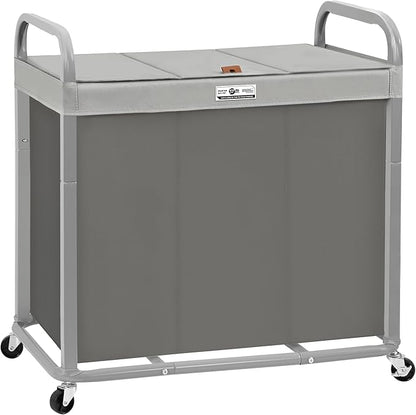 STORAGE MANIAC 3 Section Laundry Sorter, 60 Gal. Laundry Hamper Cart with Heavy Duty Rolling Lockable Wheels and Removable Bags, Clothes Organizer Basket Clothes Separator Hamper, Gray with Lid