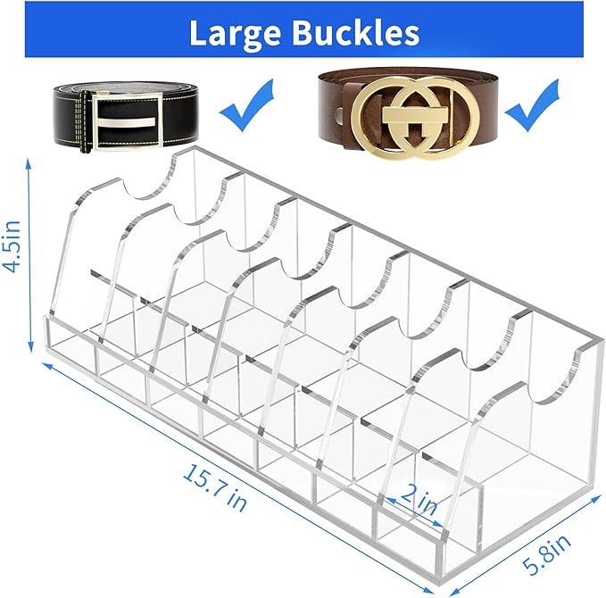 FEMELI Belt Organizer Acrylic Clear Case Storage Holder for Closet and Drawer, 7 Compartments Tie Box Container with Display Stand