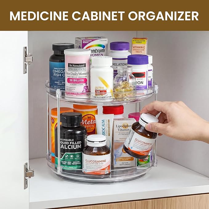 2 Tier Non-Skid Acrylic Lazy Susan Turntable Organizer - Rotating Spice Rack - Spinning Organization Tray for Kitchen, Pantry, Countertop, Closet, Bathroom, Vanity, Medicine Cabinet Organizing, 11''