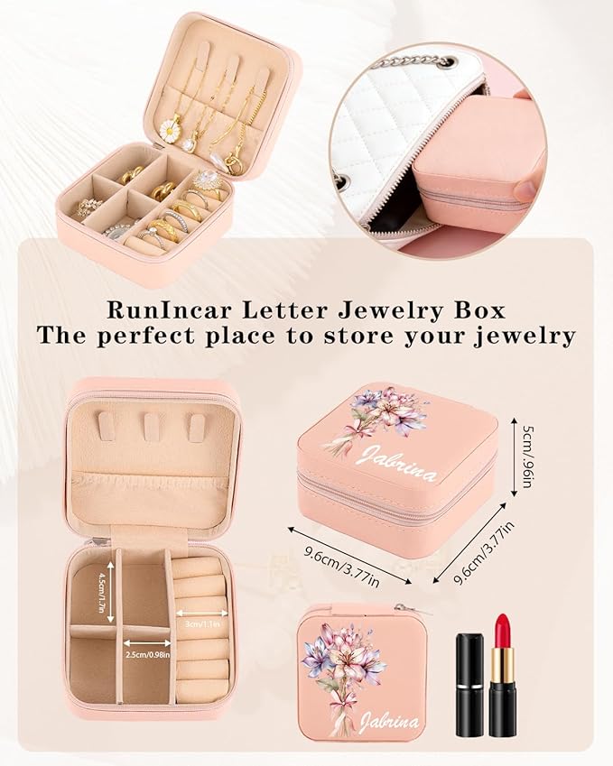 Personalized Jewelry Box for Girls Women, Custom Leather Travel Jewelry Case with Name Birth Flower, Storage Mini Organizer for Necklaces Earrings, Gifts for Wife Girlfriend Bridesmaid Wedding Mother