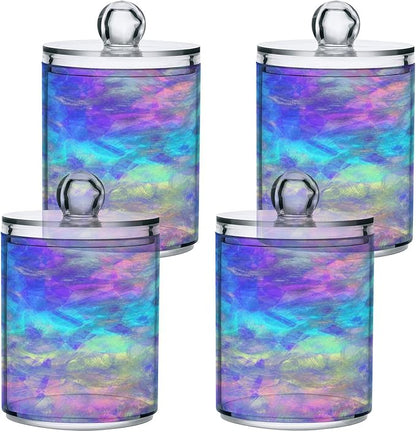 Iridescent Qtip Holder Dispenser 2 PCS Plastic Bathroom Canister Apothecary Jars with Lid 14 oz Vanity Makeup Storage Organizer for Cotton Swabs, Balls, Pads, Floss