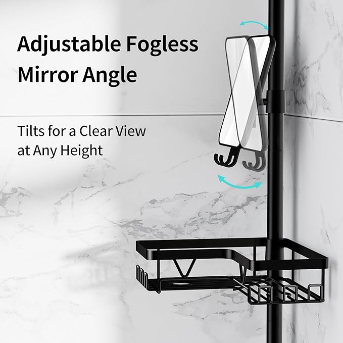 KEGII Shower Caddy Tension Pole - Adjustable Rustproof Corner Bathroom Organizer with Fogless Shower Mirror, 25–114.2 Inch No-Drill Bathroom Storage, Black