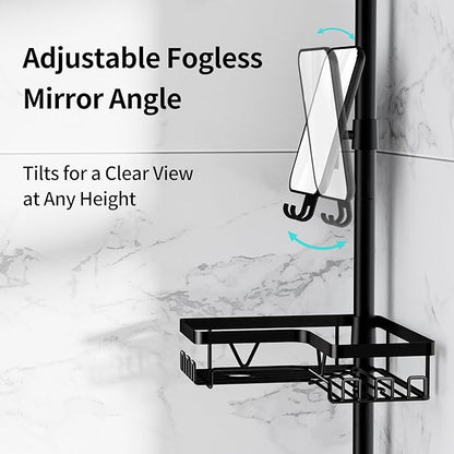 KEGII Shower Caddy Tension Pole - Adjustable Rustproof Corner Bathroom Organizer with Fogless Shower Mirror, 25–114.2 Inch No-Drill Bathroom Storage, Black