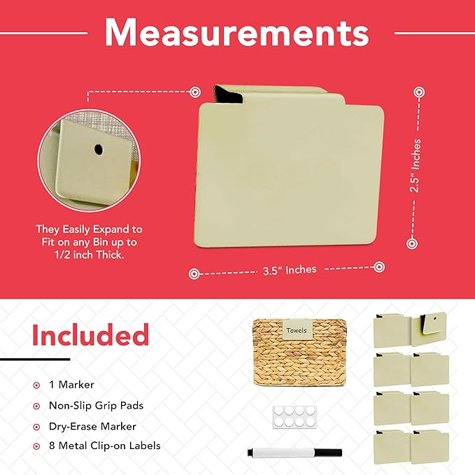 Labels for Storage Bins | Metal Storage Bin Clips (2.5” x 3.5”) - Set of 8 Basket Clip On Tags for Storage Bins w/Non-Slip Grip Pads & Dry Erase Marker - Removable Bin Labels for Storage Baskets