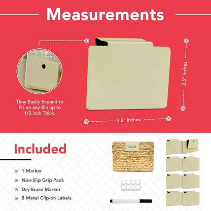 Labels for Storage Bins | Metal Storage Bin Clips (2.5” x 3.5”) - Set of 8 Basket Clip On Tags for Storage Bins w/Non-Slip Grip Pads & Dry Erase Marker - Removable Bin Labels for Storage Baskets