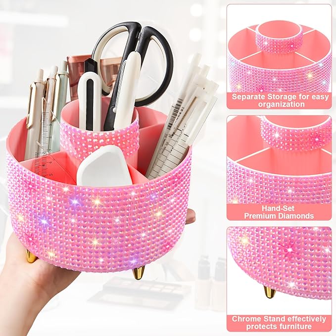 Diesisa Bling Makeup Organizer: 360°Rotating Bling Rhinestone Cosmetic Display Cases -Diamond Makeup Brush Holder - 5 Slot Cup for Cosmetics - Bling Lipstick Organizer - Gift for Women - Diamond Pink
