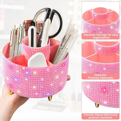 Diesisa Bling Makeup Organizer: 360°Rotating Bling Rhinestone Cosmetic Display Cases -Diamond Makeup Brush Holder - 5 Slot Cup for Cosmetics - Bling Lipstick Organizer - Gift for Women - Diamond Pink