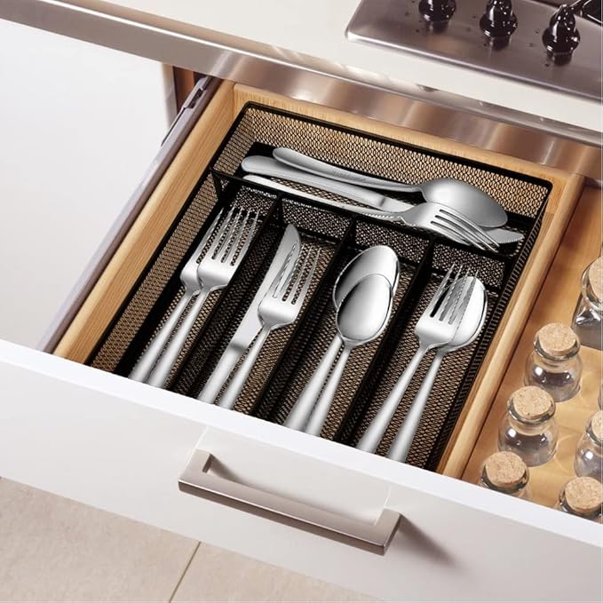COSWE Silverware Tray for Drawer, Silverware Organizer, Metal Drawer Organizer Kitchen Utensils with Foam Feet Multi Compartments Cutlery Organizer in Drawer (BLACK)