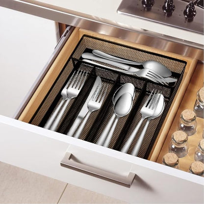 COSWE Silverware Tray for Drawer, Silverware Organizer, Metal Drawer Organizer Kitchen Utensils with Foam Feet Multi Compartments Cutlery Organizer in Drawer (BLACK)